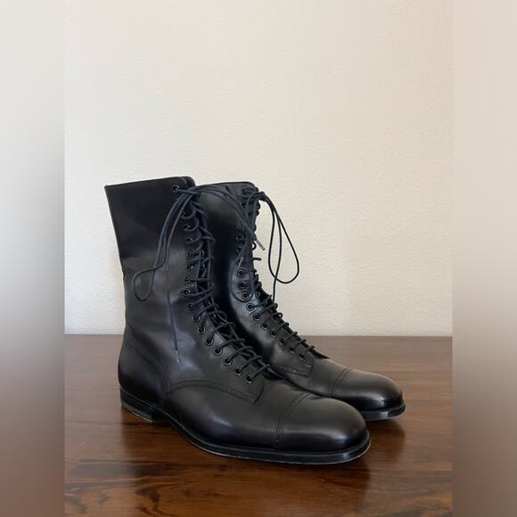 Authentic Gucci Men lace up long boots combat leather black Made in Italy Sz 8.5 - Picture 1 of 13